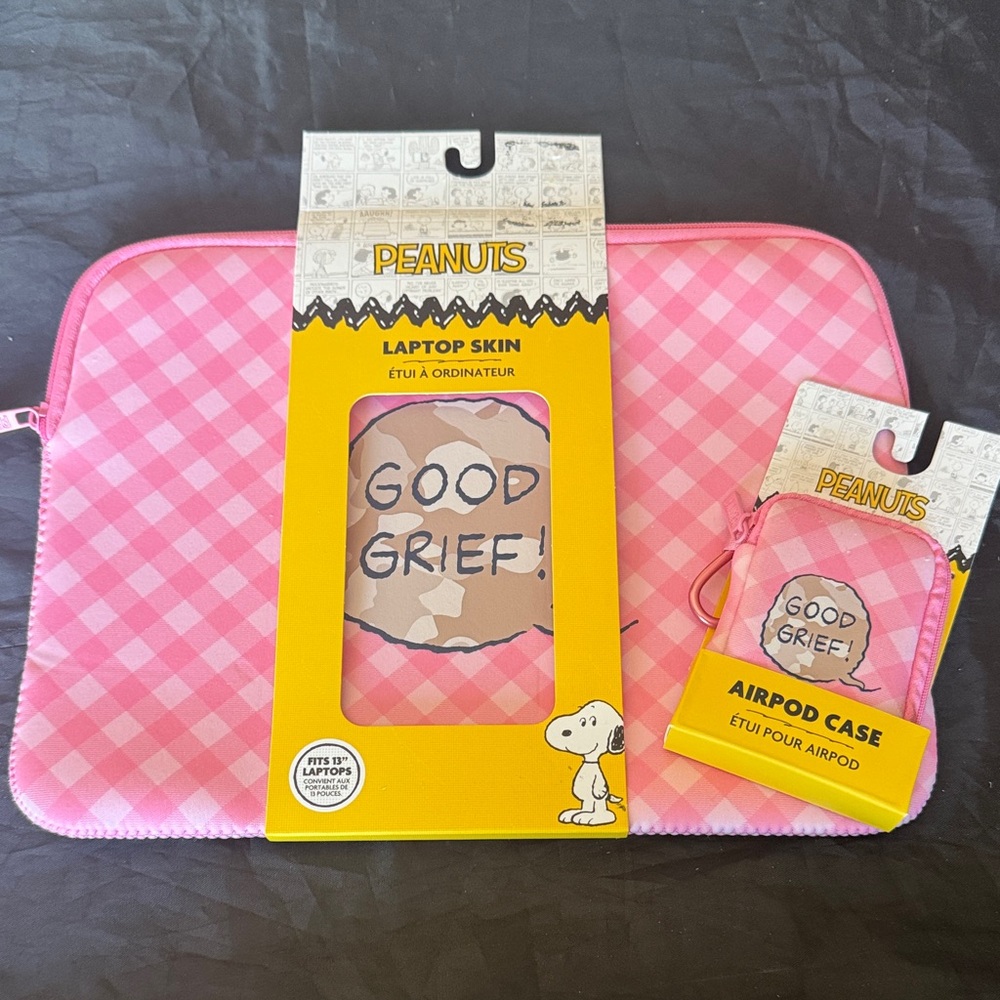 Peanuts Pink Plaid 'Good Grief' Laptop Skin & AirPod Case Set